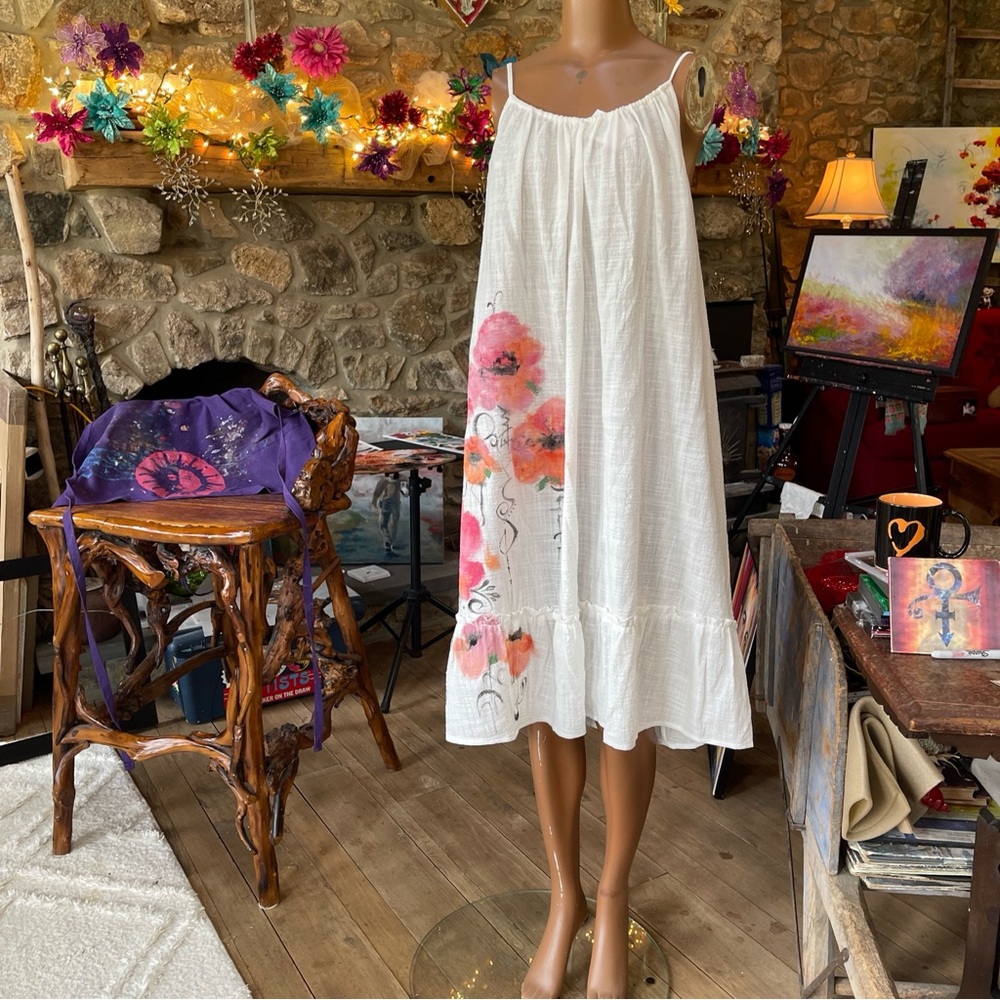 White floral linen blend sundress size 1X swim cover-up hand painted 00AK